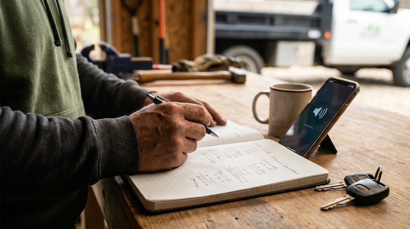 A landscaper working through software costs with a notebook and phone on speaker at a workshop bench