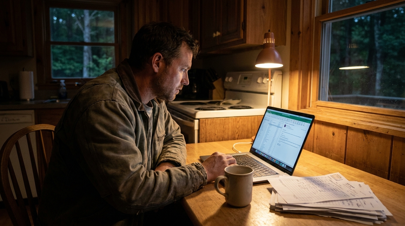 Landscaping business owner reviewing quote requests on a laptop at a kitchen table after dark