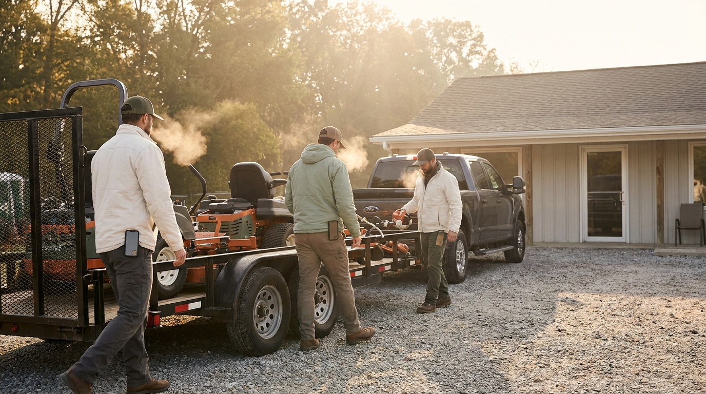 Three-person landscaping crew loading mowers onto a trailer at dawn, each with their own phone