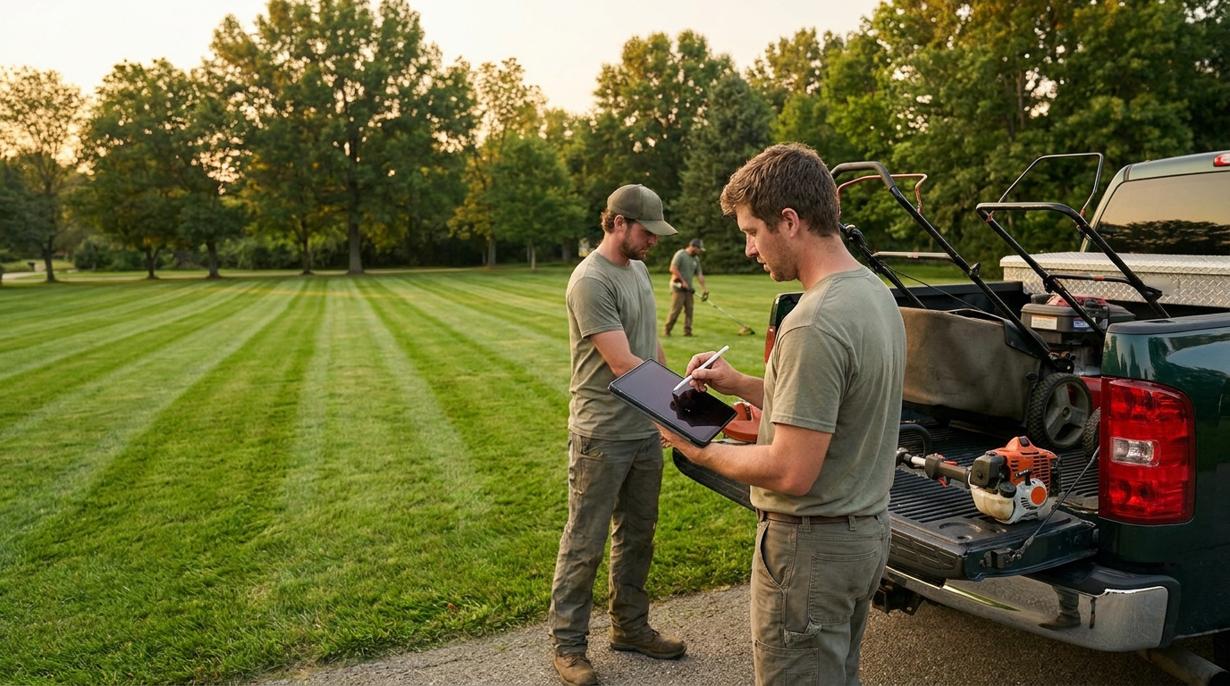 Landscaping crew member by a truck loaded with mowers, logging a job on a tablet in the field