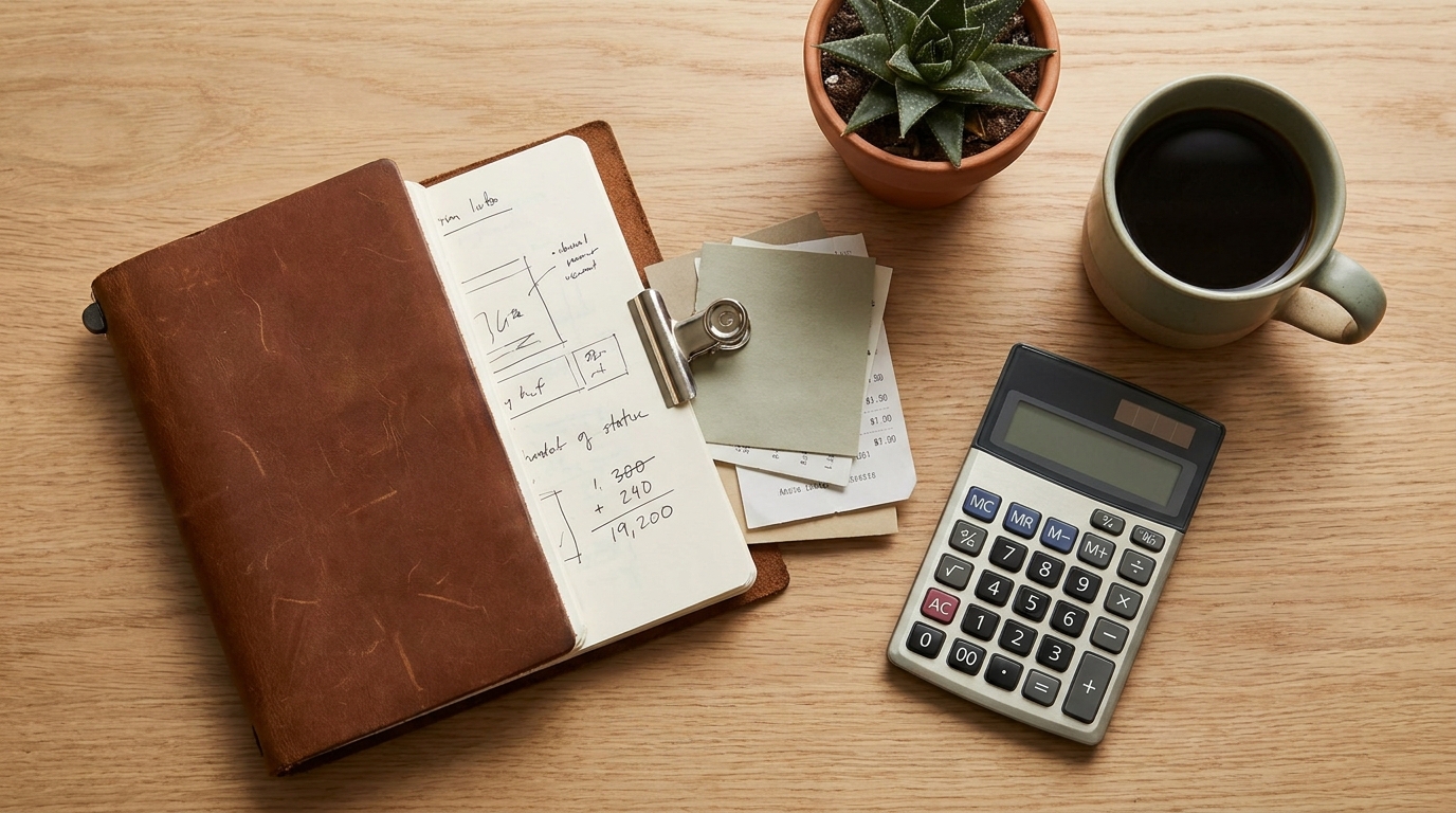 Organized desk with a notebook of figures, supply receipts, and a calculator for landscaping bookkeeping