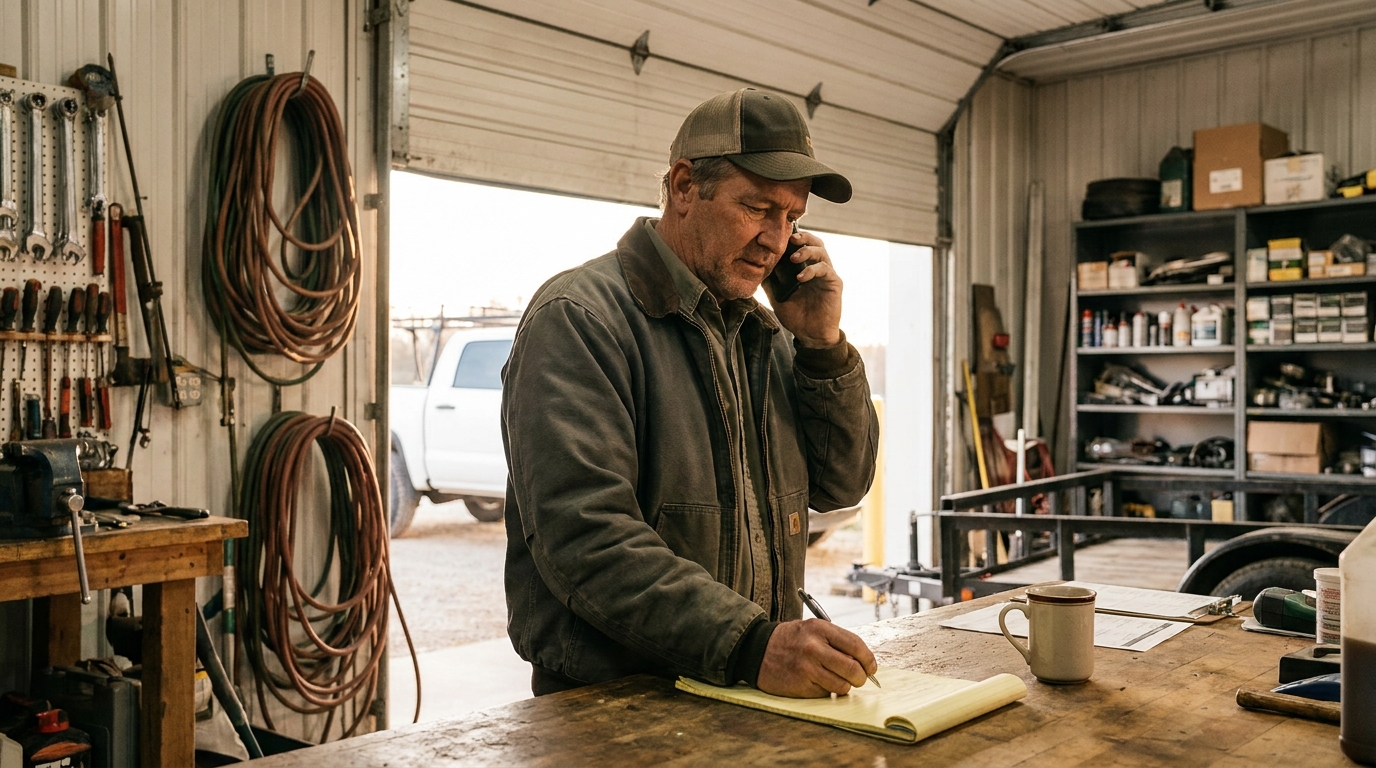 Lawn care company owner on the phone taking notes on a legal pad during a software sales call