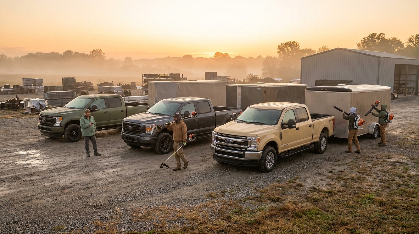 Three lawn care crews with trucks and trailers loading up at a contractor yard at sunrise