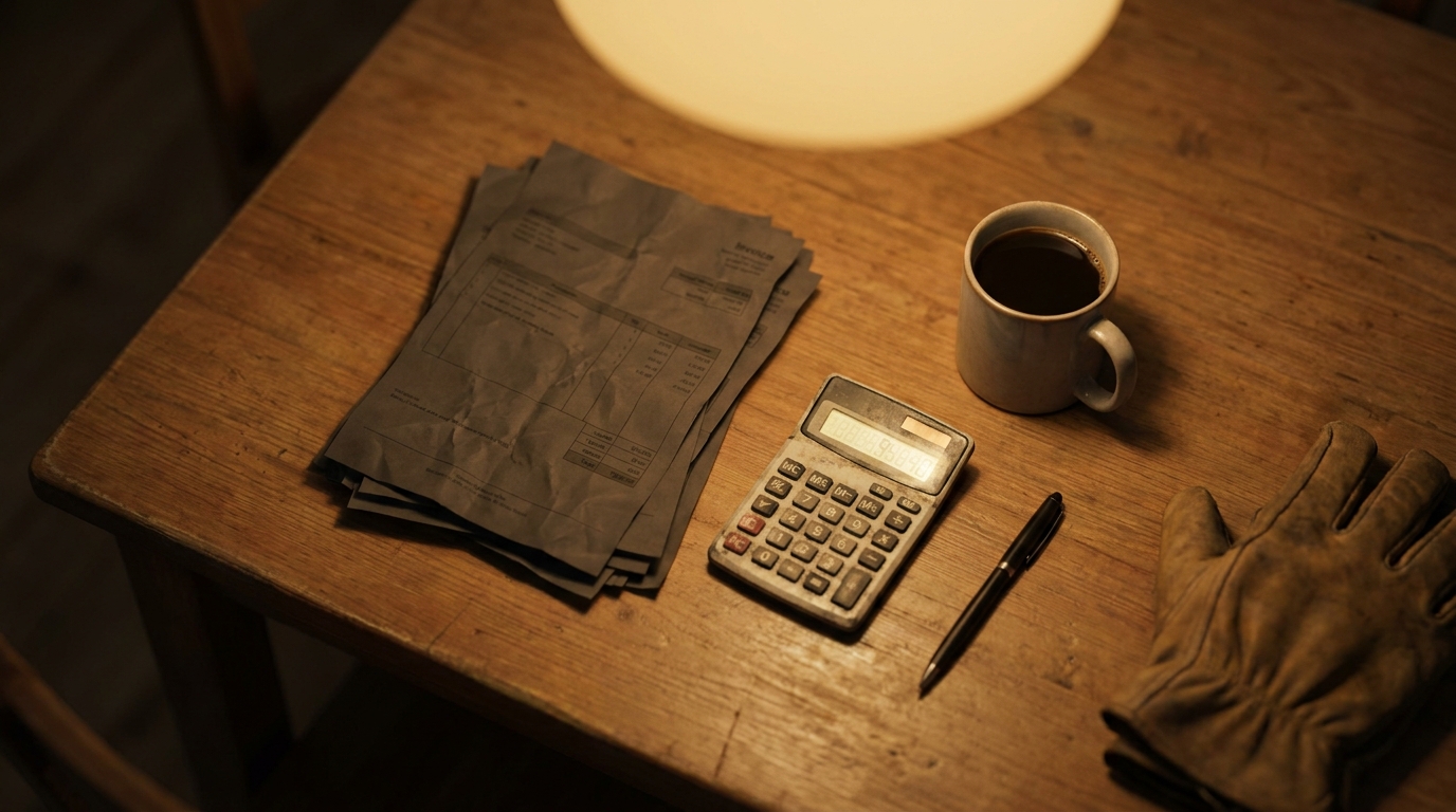 Paid invoices, calculator and a work glove on a kitchen table during end-of-season bookkeeping