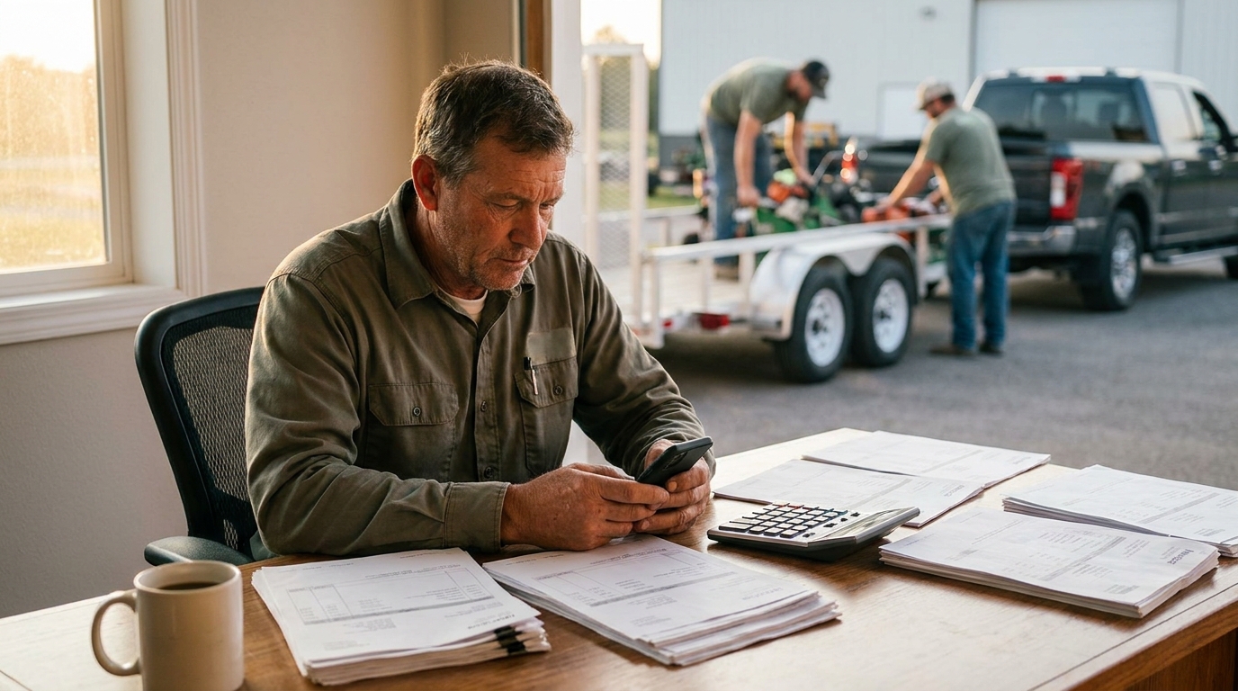 A landscaper reviewing a monthly software budget with invoices and a calculator, weighing the true cost of a Service Autopilot alternative