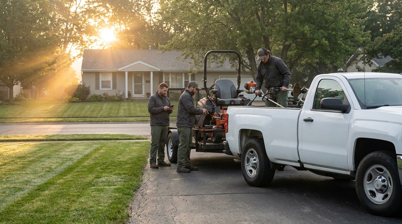 A small landscaping crew loading equipment into a work truck at dawn, the kind of growing business that switches from Service Autopilot to a simpler tool