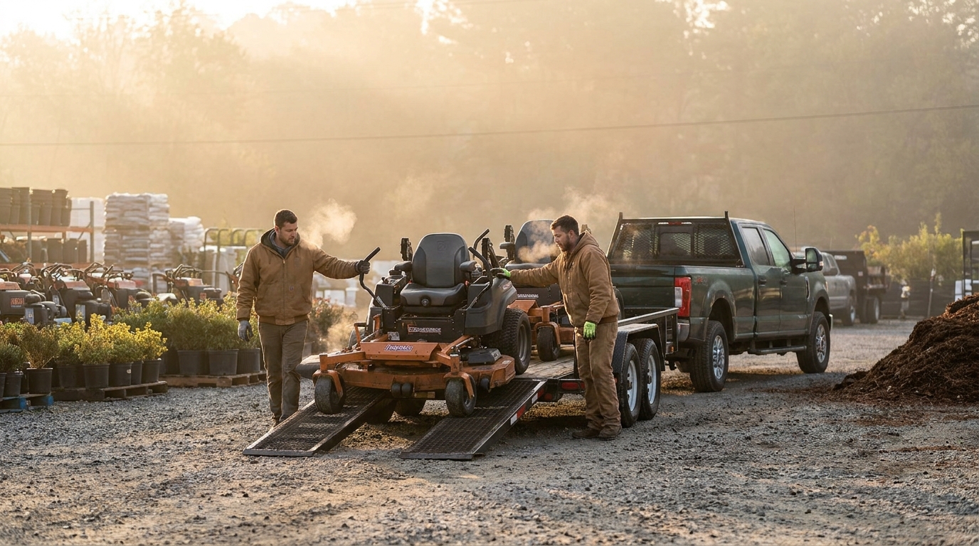 Two landscaping crew members loading zero-turn mowers onto a trailer at dawn, illustrating how crew size drives Service Autopilot license costs