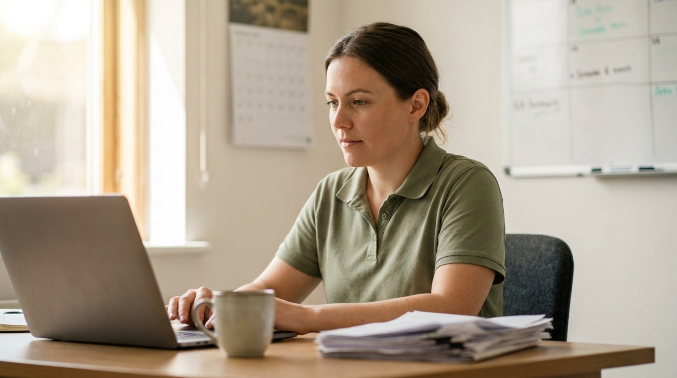 Office manager at a desk with a laptop and printed invoices in a small green industry office