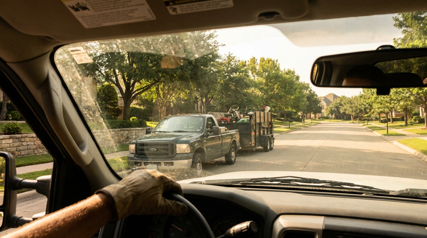 Work truck and trailer pulling away from a residential property on a tree-lined street