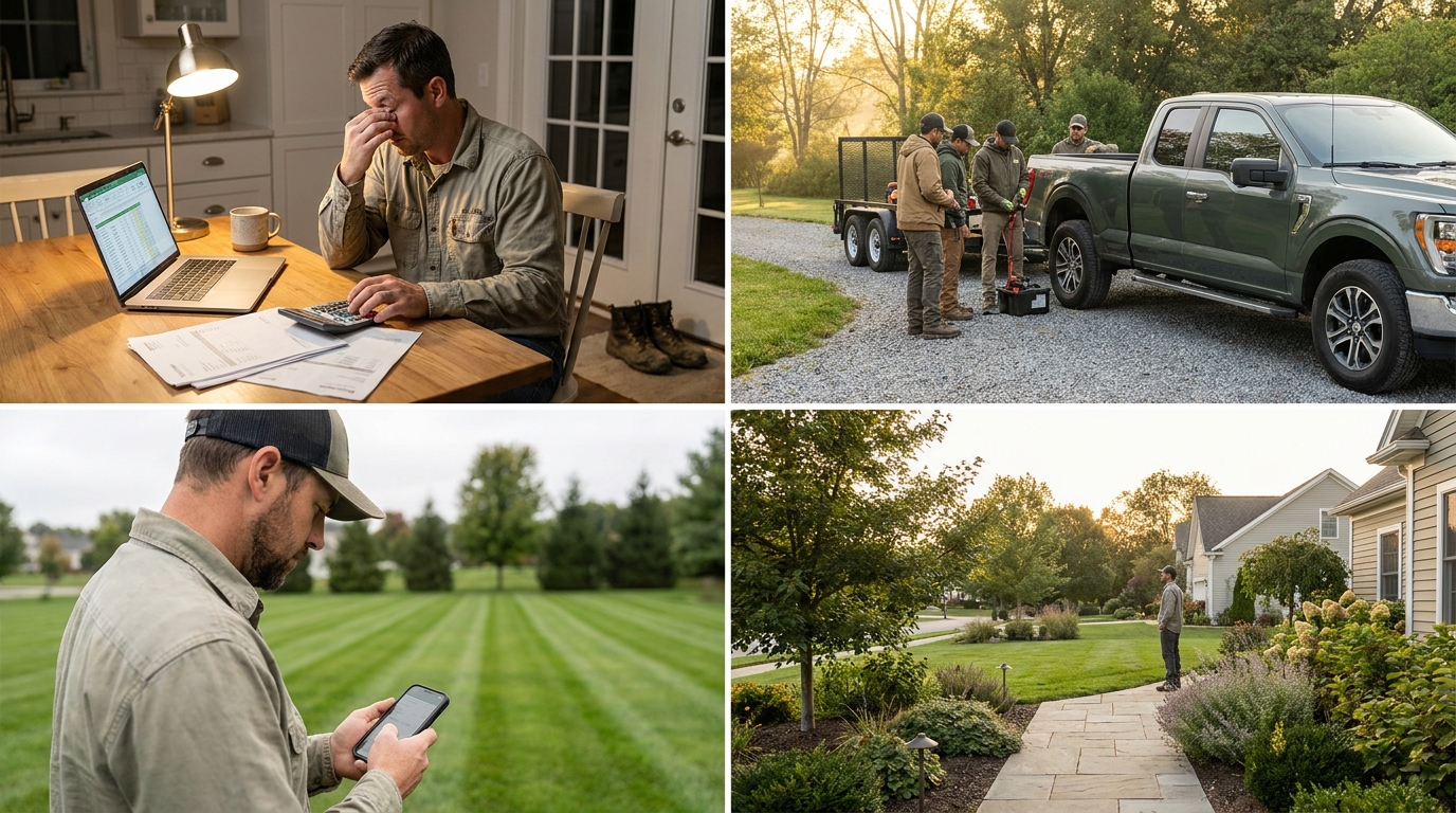 Landscaping business owner doing the books at a kitchen table with a calculator and invoices