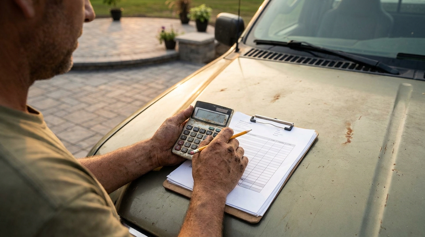 Landscaper working a calculator beside a printed job estimate on the hood of a work truck