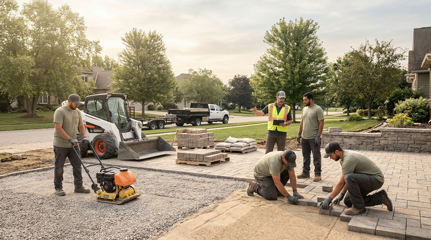 Five-person landscape crew installing a paver patio with a skid steer and material pallets on site