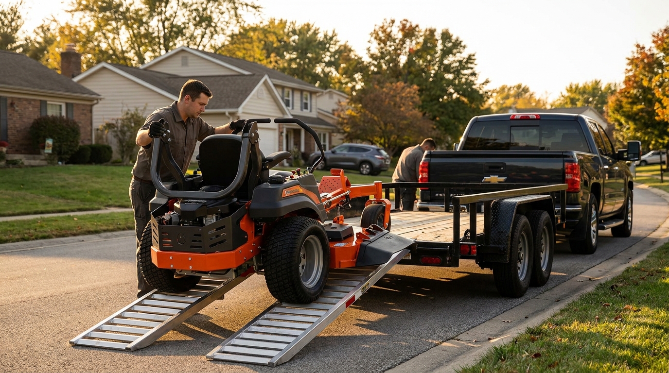 Landscaper loading a new commercial zero-turn mower onto a trailer, a capital equipment purchase eligible for the Section 179 deduction