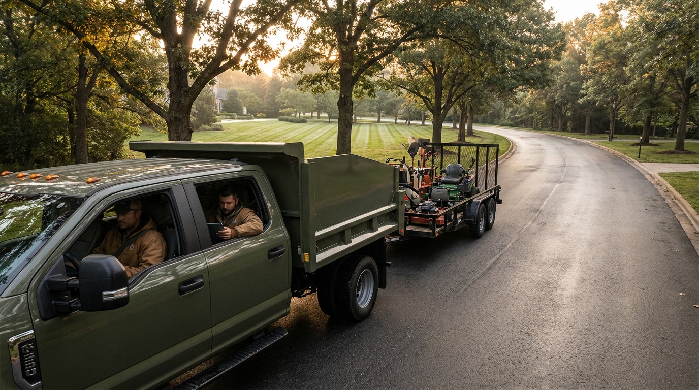 Landscaping work truck and equipment trailer driving between job sites, the business miles that drive a landscaper's largest tax deduction