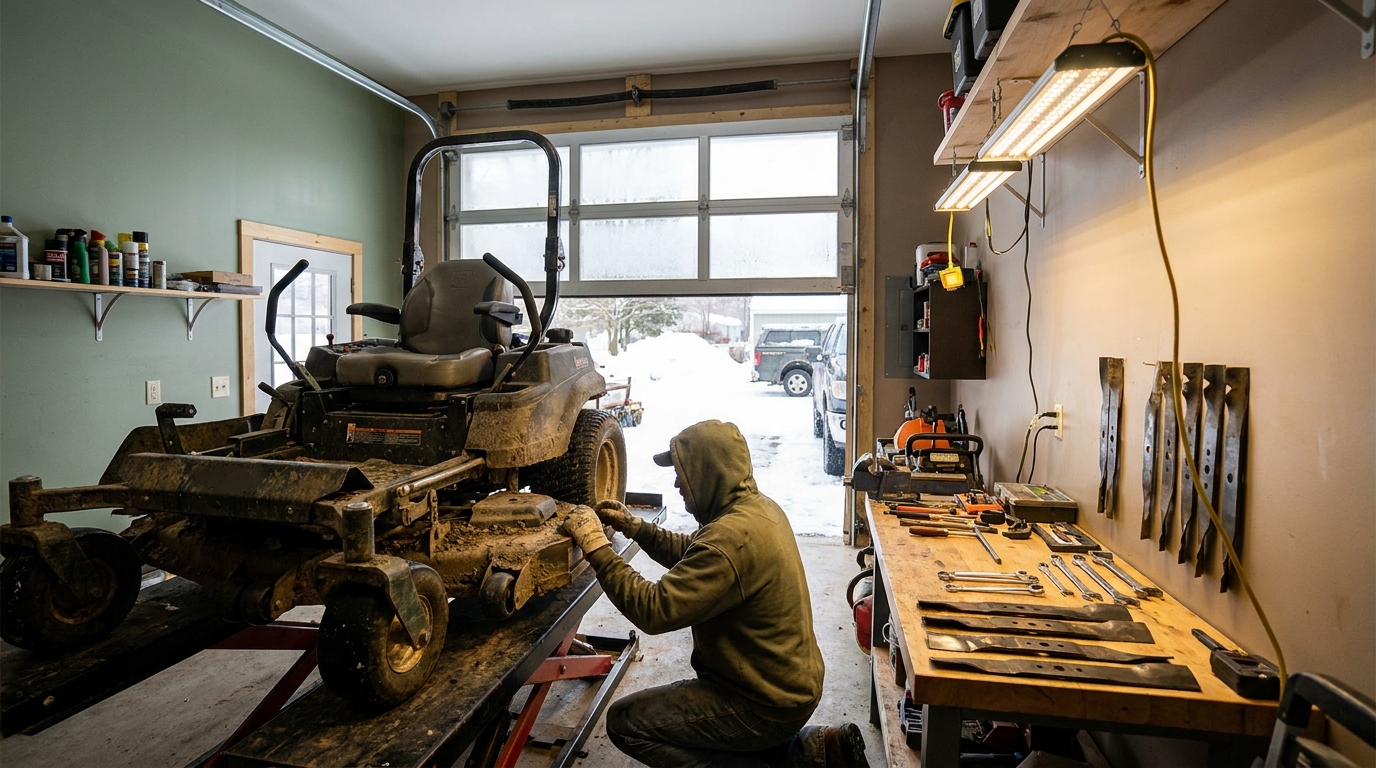 Landscaping crew servicing a zero-turn mower in a winter shop during the off-season
