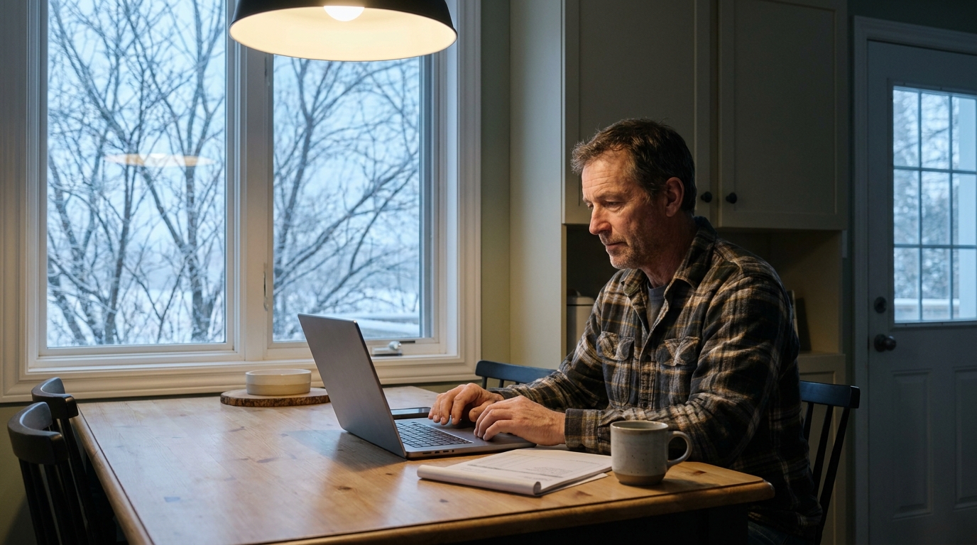 Landscaping business owner reviewing invoices and off-season cash flow on a laptop in winter
