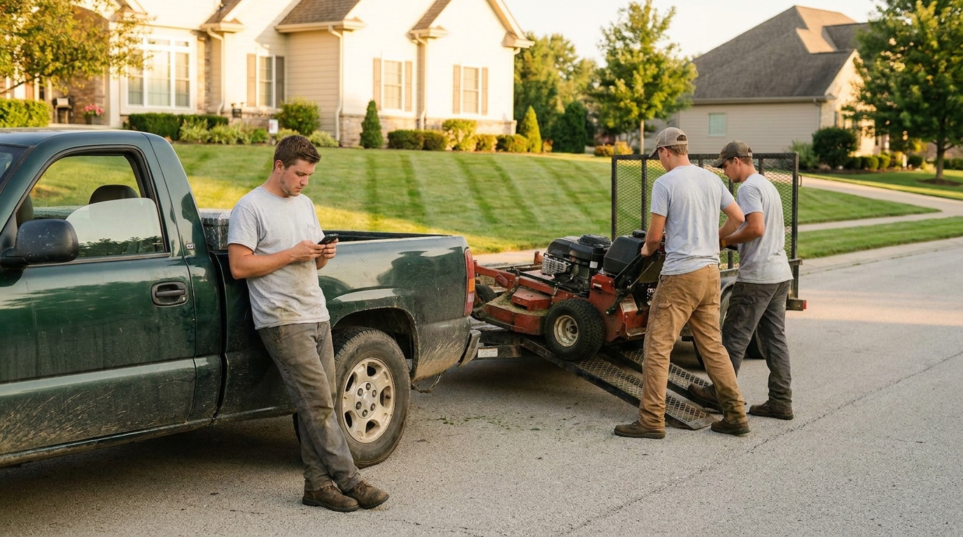 Landscaping crew loading mowers onto a trailer at the end of a job, the daily operations that business software is meant to run