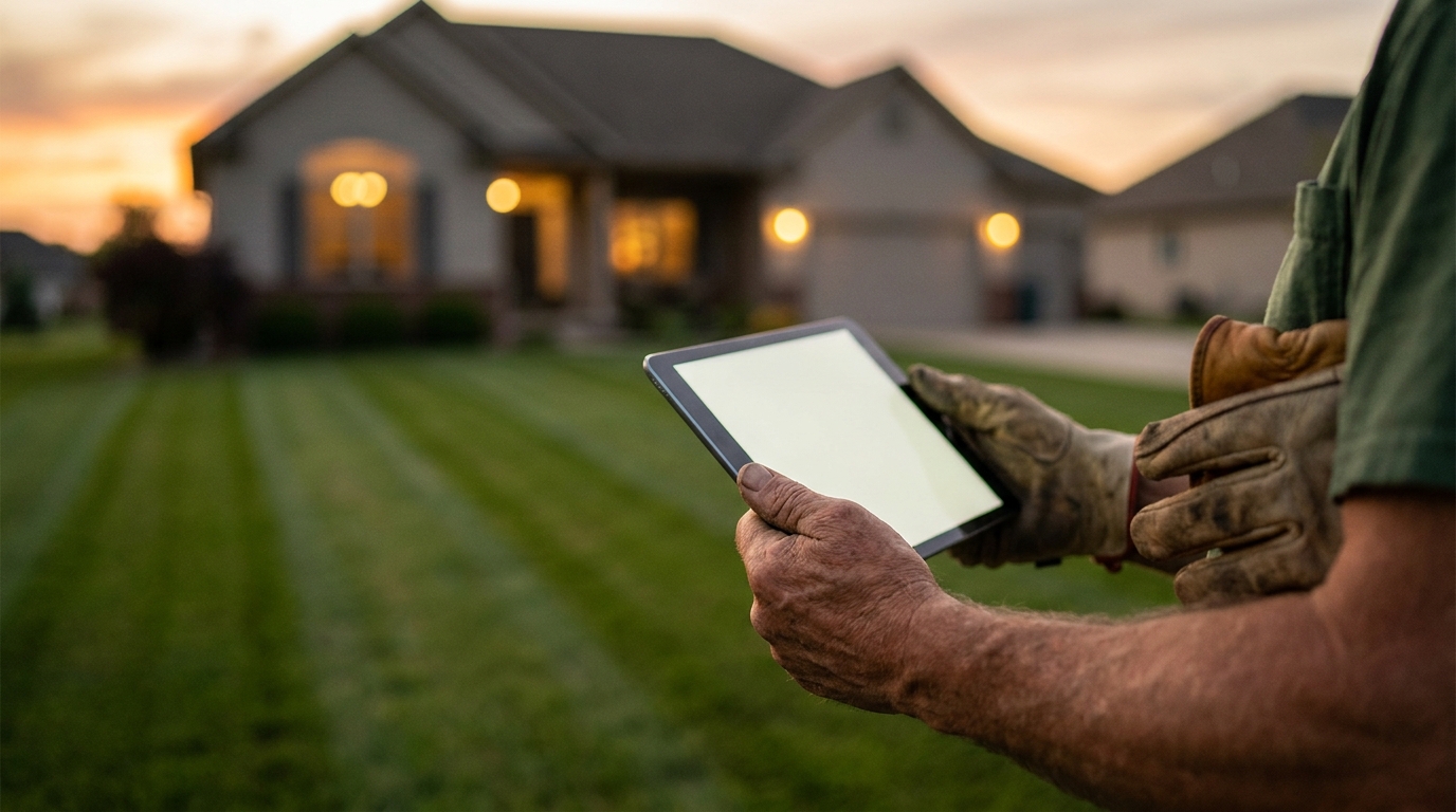 Landscaper holding a tablet showing an invoice on a client's front lawn, taking a card payment on site