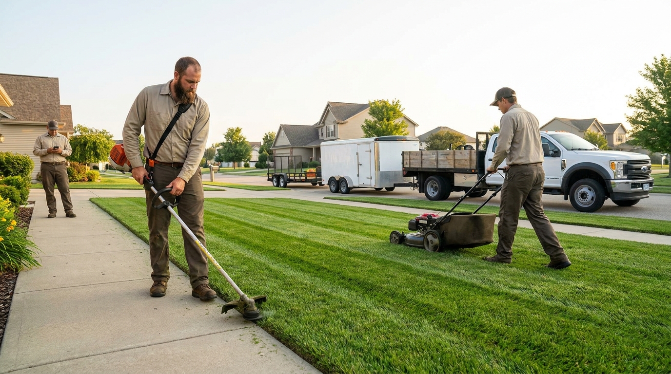 Two landscapers maintaining a residential lawn, the kind of growing crew that outgrows a free Yardbook plan