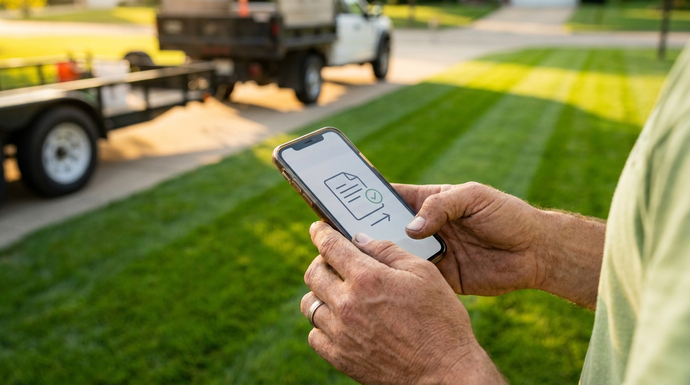 Landscaper sending an invoice from a smartphone, comparing payment processing fees across software