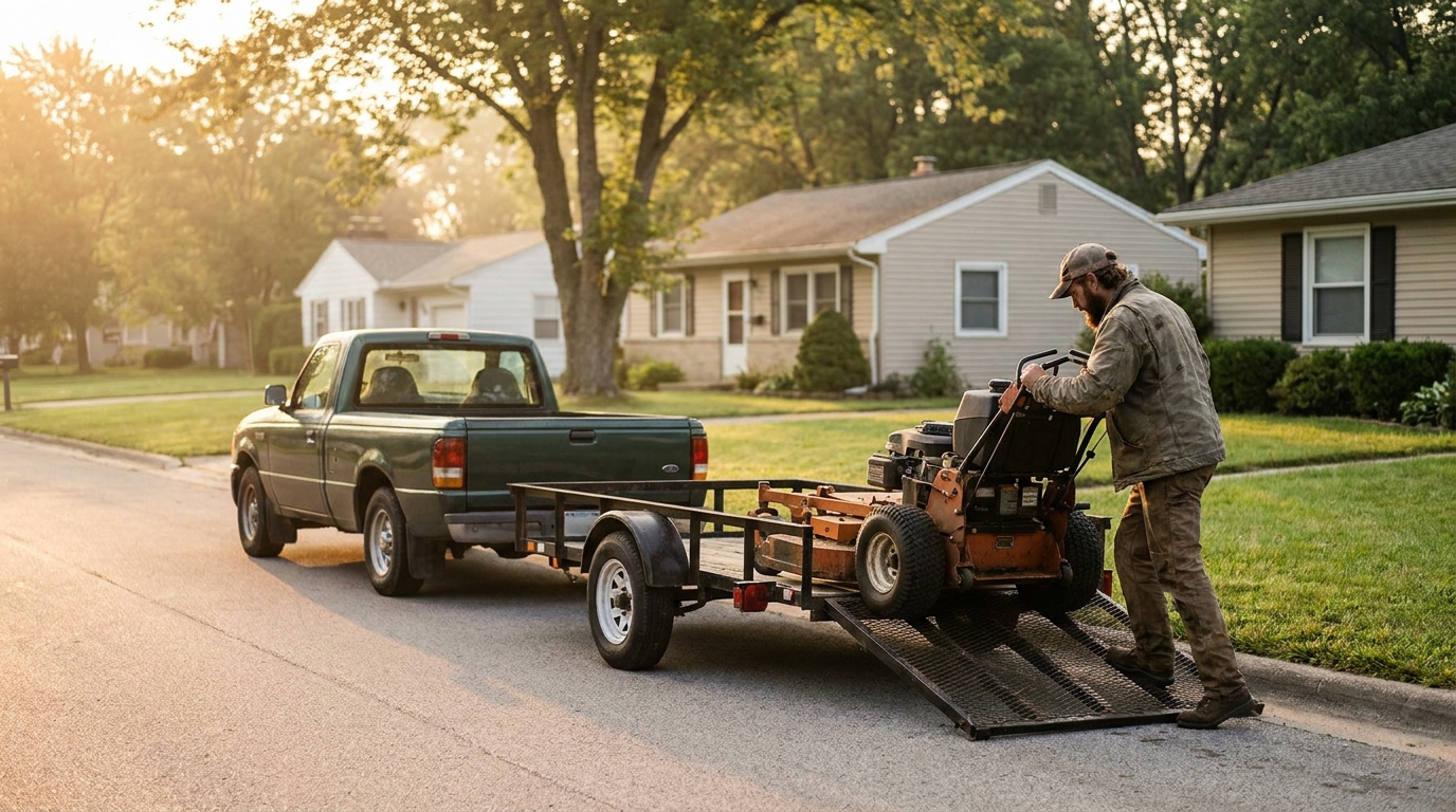 Solo lawn care operator loading a mower onto a trailer at dawn, the one-person operation Yardbook's free plan is built for