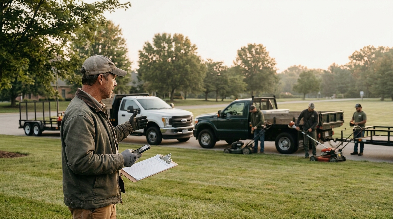 Landscaping crew foreman coordinating two trucks and three crew members at a commercial property