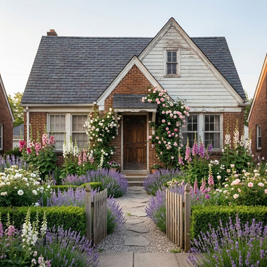 Brick cottage with English cottage garden, after