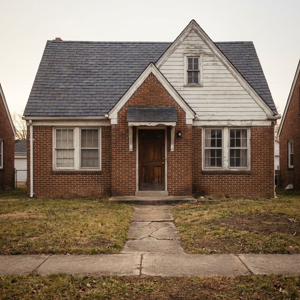 Brick cottage with bare front yard, before