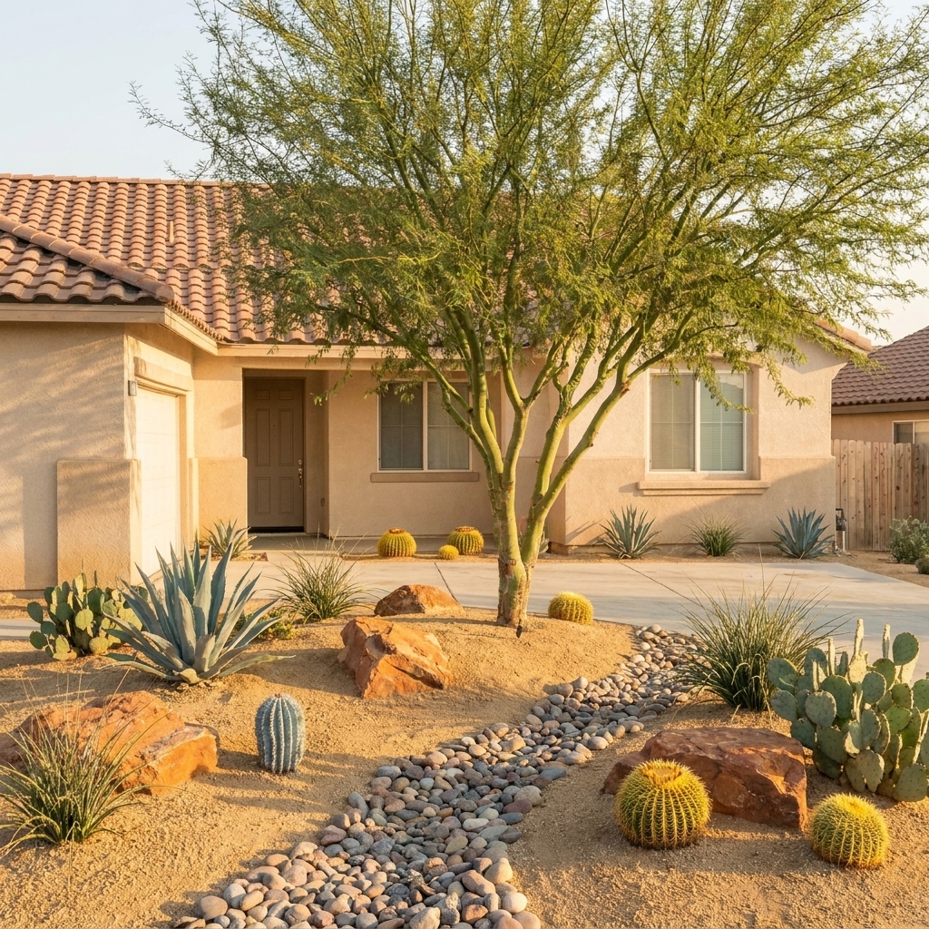 Stucco home with xeriscape and gravel beds, after