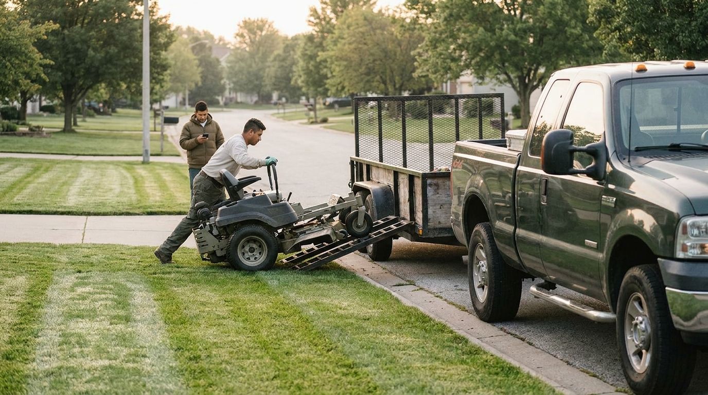 A landscaper rolling a zero-turn mower up the ramp of a trailer hitched to a pickup