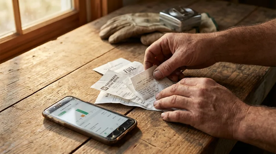 Landscaper sorting fuel and hardware-store receipts next to a phone logging a business expense