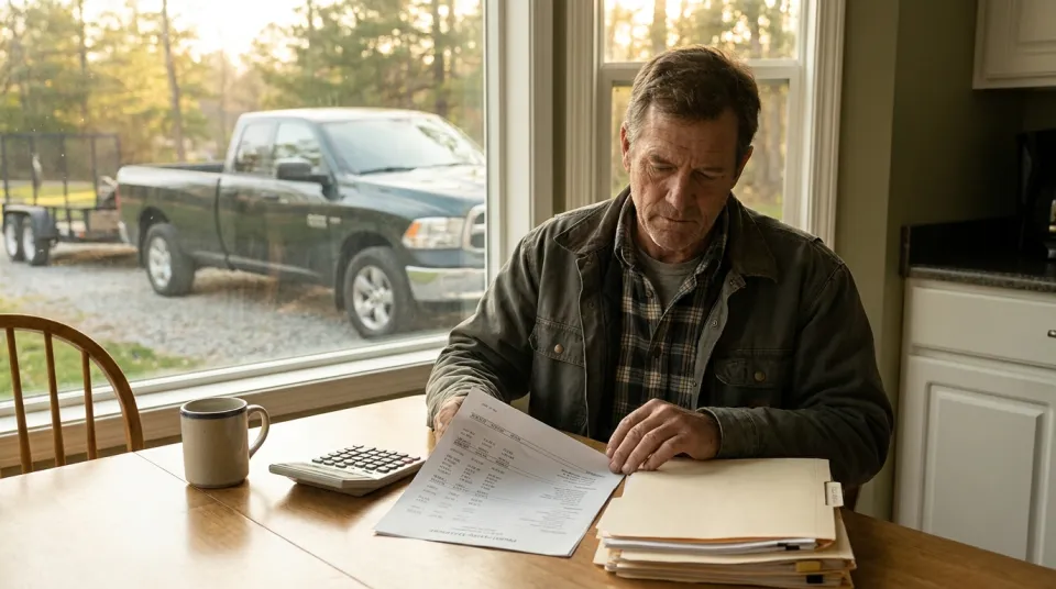 Landscaping business owner reviewing a printed profit-and-loss report with a calculator at a kitchen table