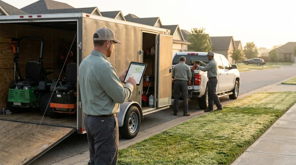 Crew leader with a tablet assigning the morning stop list to a two-person lawn care crew