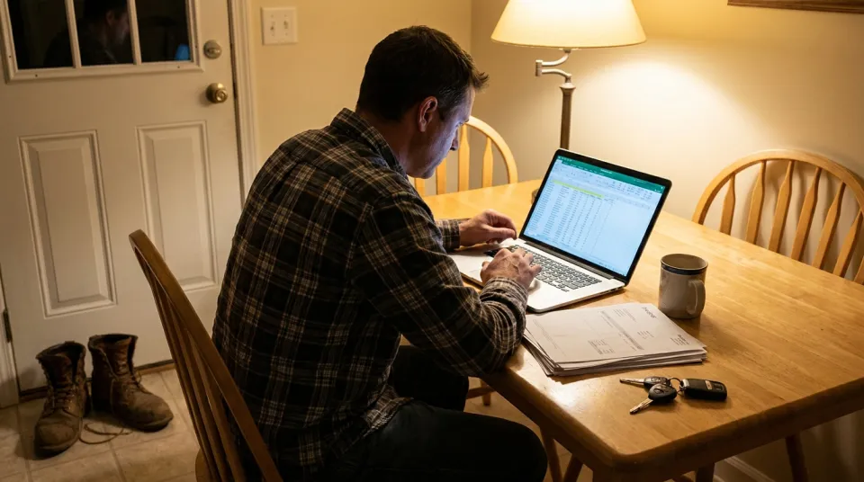 Landscaping business owner at a kitchen table reviewing paid invoices and accounting software in the evening