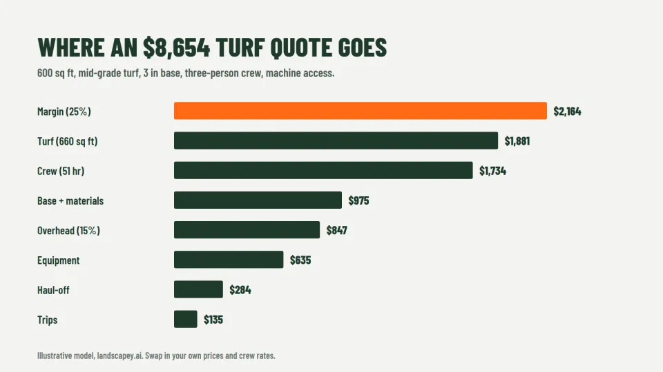 Bar chart of where an $8,654 artificial turf installation quote goes: margin, turf, crew labor, overhead, base and other costs