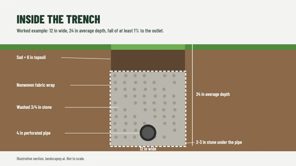 French drain trench cross-section showing filter fabric wrap, washed stone, 4 inch perforated pipe and topsoil cap with dimensions