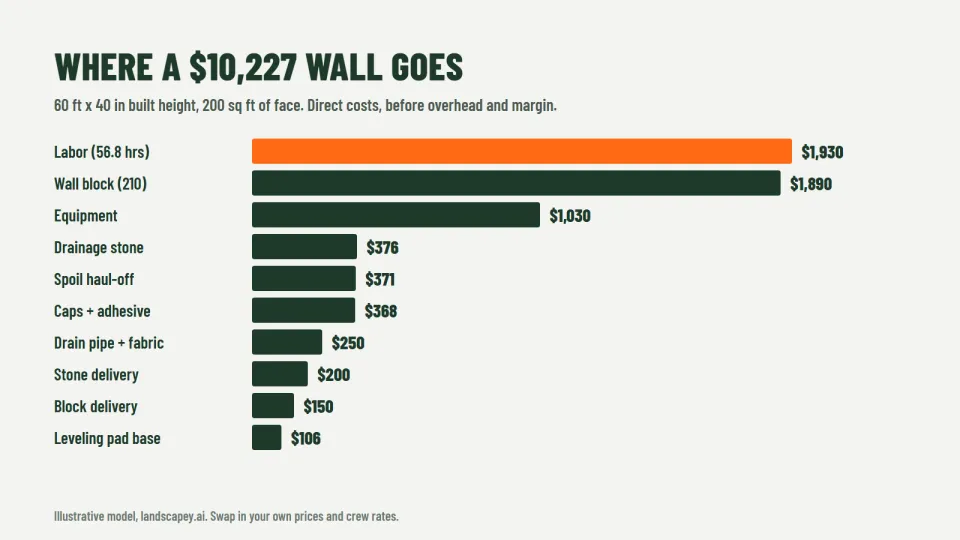 Retaining wall cost breakdown chart showing labor, wall block, equipment, drainage stone and other direct costs for a 60 ft wall