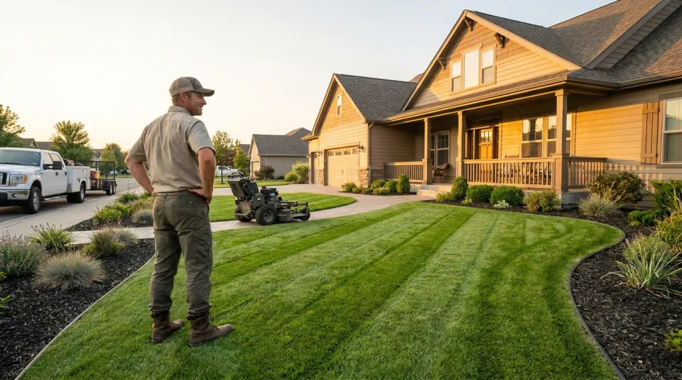 Freshly mowed front lawn with crisp mowing stripes and clean edged beds in front of a suburban home