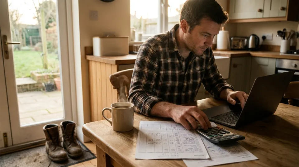 Landscaping owner working out real per-seat software costs for a crew at the kitchen table