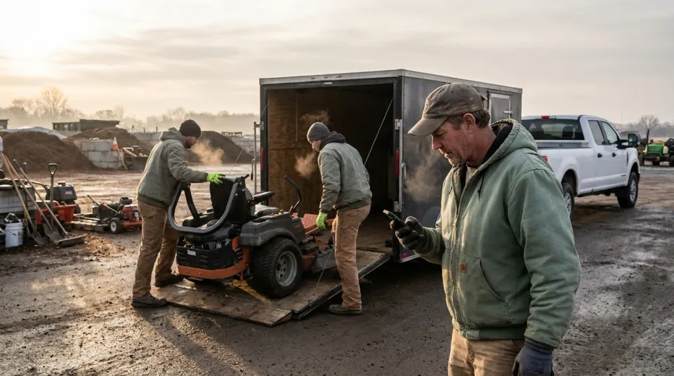 Landscaping crew loading equipment and checking the day's route at dawn