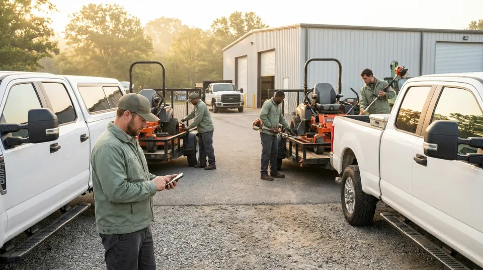 Two landscaping crews loading mowers onto branded work trucks in a depot lot at morning light