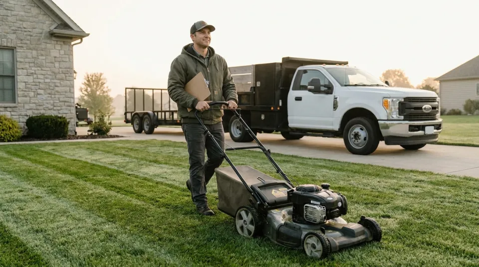 A solo lawn care professional walking a freshly striped green residential lawn behind a push mower on a bright morning