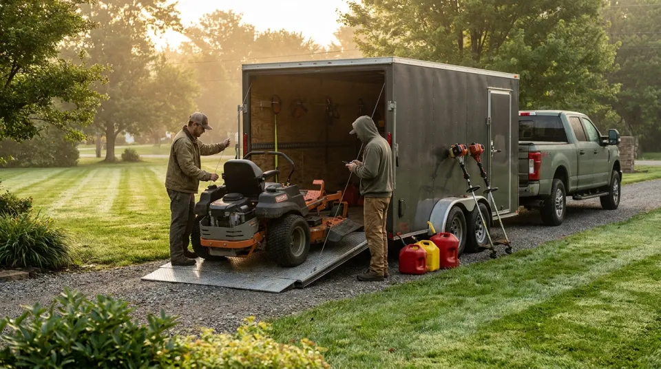 Lawn crew loading a zero-turn mower onto a trailer at dawn, the real cost inputs of a lawn care route day