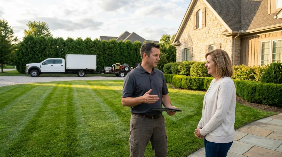 Landscaping company owner explaining a service change to a homeowner client on a freshly cut lawn