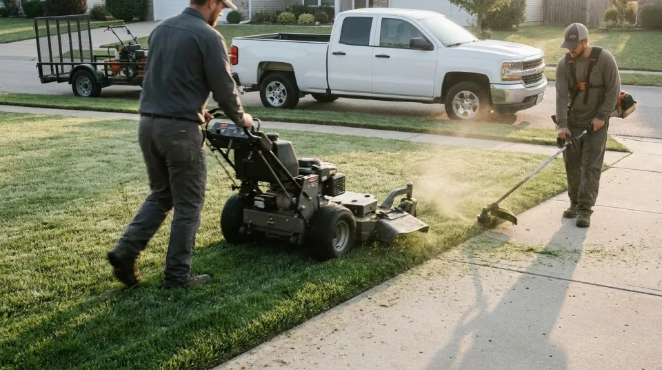 Two-person lawn care crew mowing and edging a quarter-acre residential lawn in early morning light