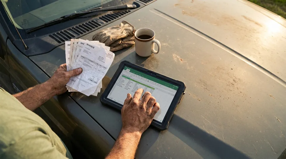 Landscaper comparing a stack of paid invoices against a tablet on a truck hood at the end of the day
