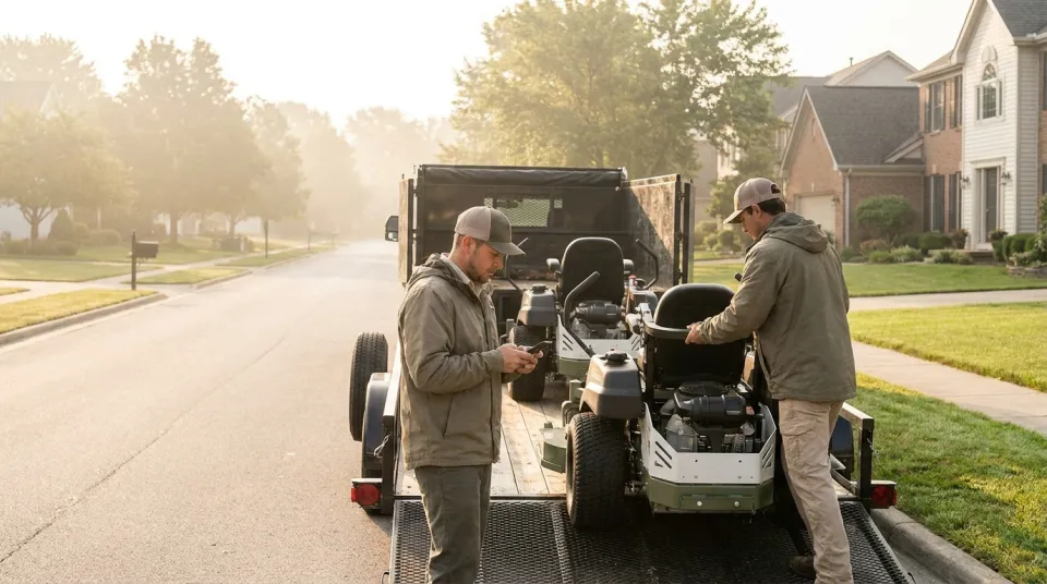 Two-person lawn care crew loading zero-turn mowers onto a trailer at first light while checking the day's stop list