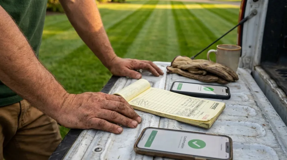 Landscaper's hands with an invoice book and a phone showing a payment confirmation on a truck tailgate