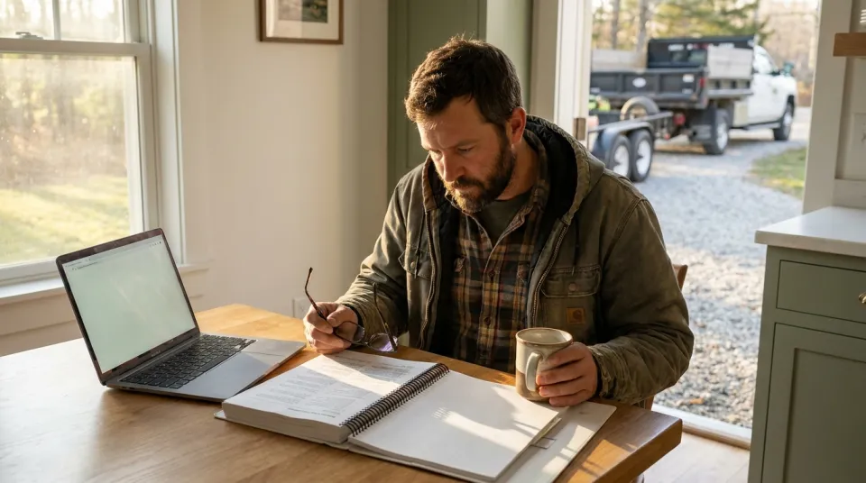 Landscaping business owner studying a pesticide category training manual at a kitchen table before the commercial applicator exam