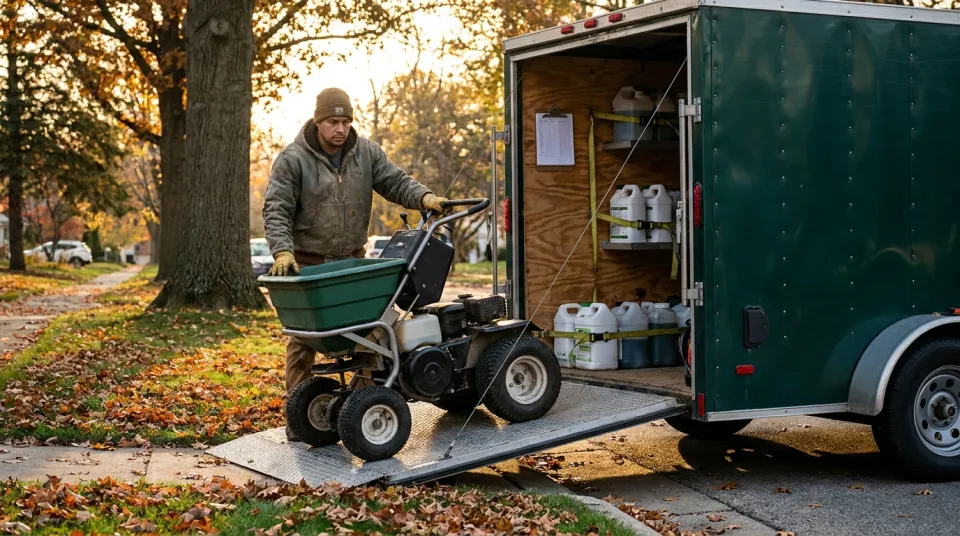 Lawn care crew member unloading a ride-on spreader sprayer from an enclosed trailer at a residential curb in autumn